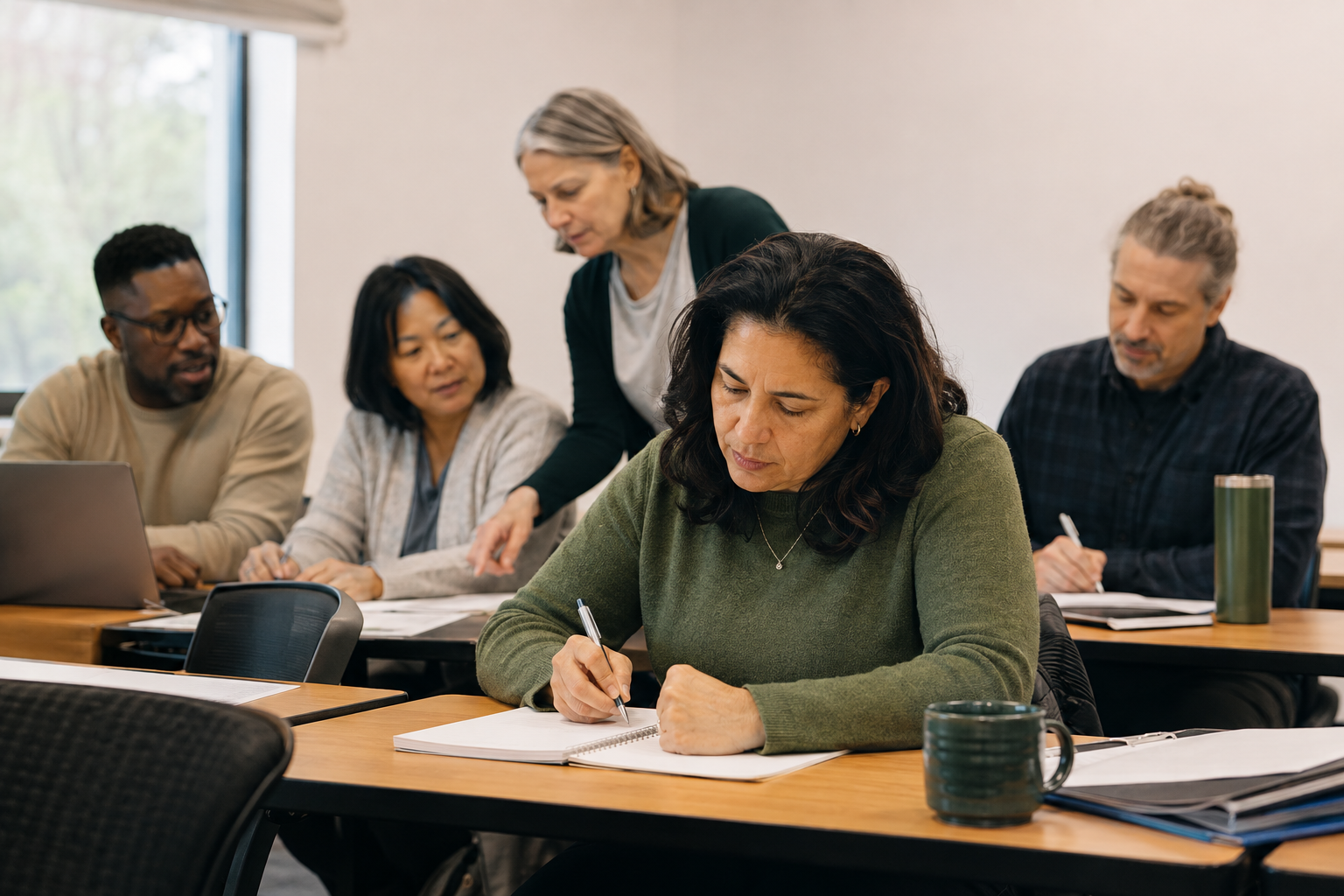 Adult learners working together in a classroom.