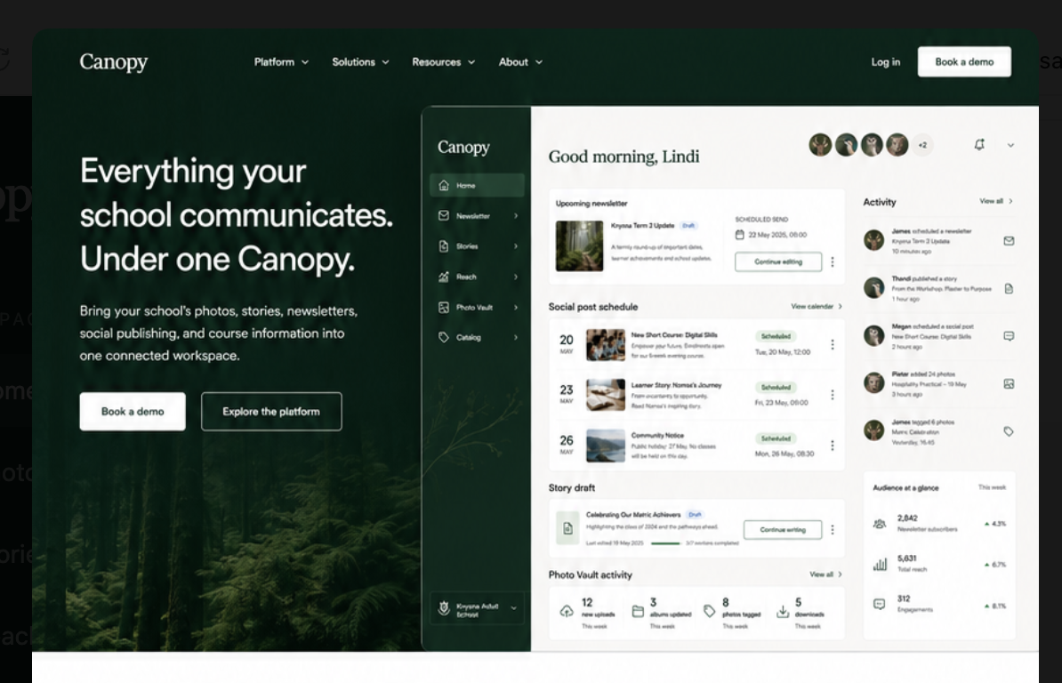 Canopy's connected school communications dashboard showing newsletters, social posts, story drafts, PhotoVault activity, audience signals, and team activity.