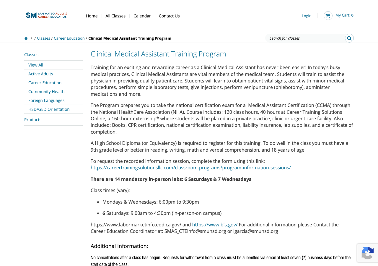 The Clinical Medical Assistant Training Program as ASAP Connected's own site presents it: a plain page with the course description and a sidebar of class categories.